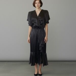 ❤️ Vintage Black Satin Ruffle Faux Wrap 1920’s Gatsby Style Dress